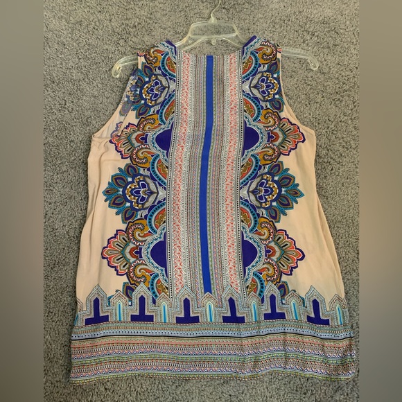 CYNTHIA ROWLEY-Size L-Pale Pink Bohemian Style Print Tank Blouse w/ Tie Front - Picture 6 of 6